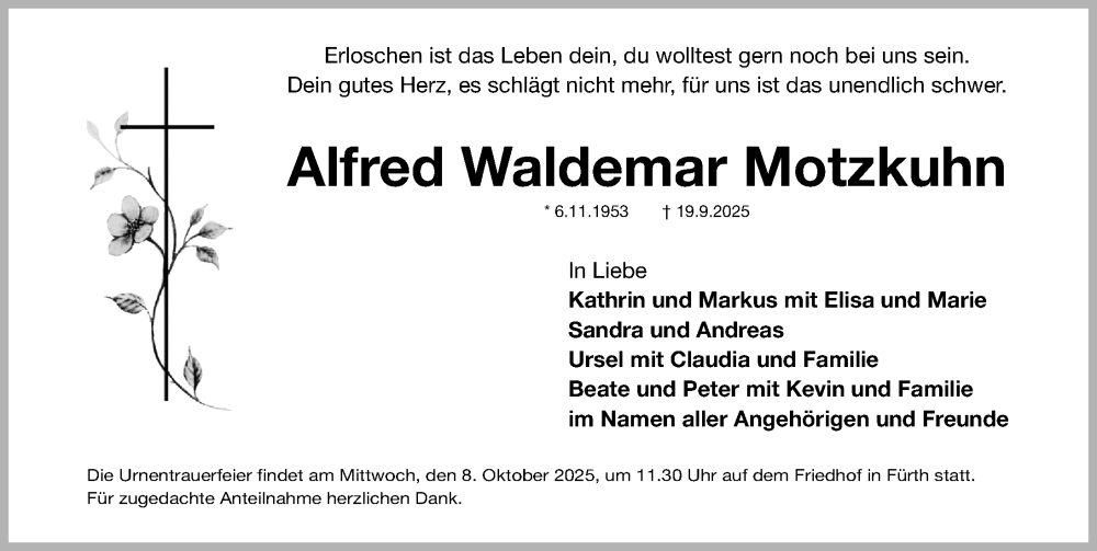  Traueranzeige für Alfred Waldemar Motzkuhn vom 04.10.2025 aus Fürther Nachrichten Lokal