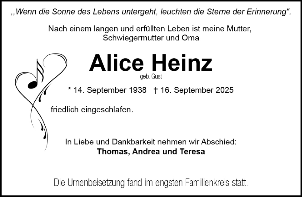  Traueranzeige für Alice Heinz vom 11.10.2025 aus Erlanger Nachrichten Lokal