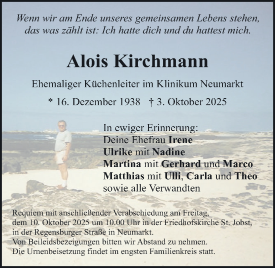 Traueranzeige von Alois Kirchmann von Gesamtausgabe Nürnberger Nachrichten/ Nürnberger Ztg.