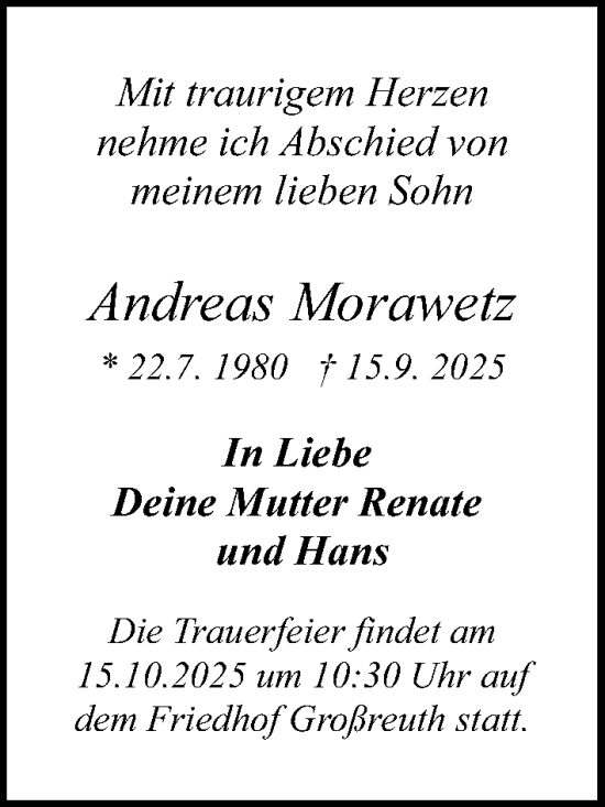 Traueranzeige von Andreas Morawetz von Gesamtausgabe Nürnberger Nachrichten/ Nürnberger Ztg.
