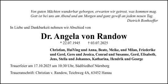 Traueranzeige von Angela von Randow von Gesamtausgabe Nürnberger Nachrichten/ Nürnberger Ztg.