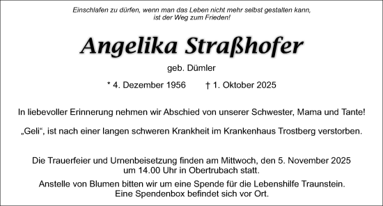 Traueranzeige von Angelika Straßhofer von Nordbayer. Nachrichten Pegnitz/ Nordbayer. Nachrichten Forchheim