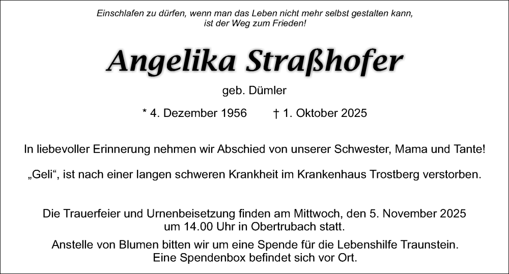 Traueranzeige für Angelika Straßhofer vom 31.10.2025 aus Nordbayer. Nachrichten Pegnitz/ Nordbayer. Nachrichten Forchheim