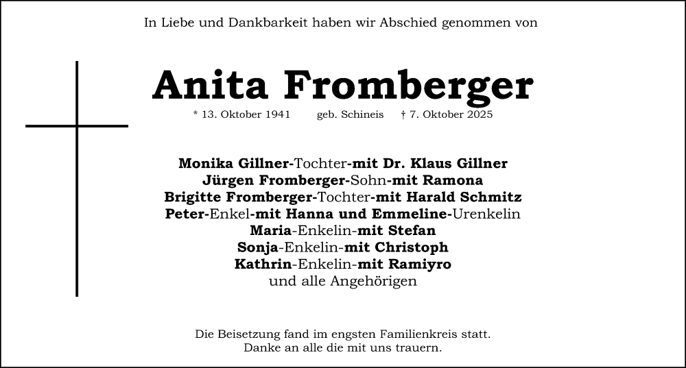  Traueranzeige für Anita Fromberger vom 18.10.2025 aus HST,HRHV