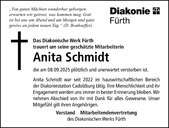 Traueranzeige von Anita Schmidt von Fürther Nachrichten Lokal