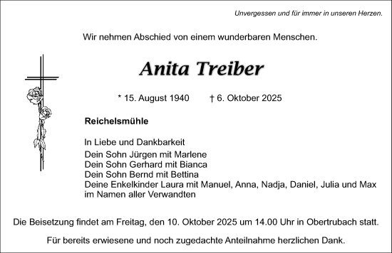 Traueranzeige von Anita Treiber von Nordbayerische Nachrichten Forchheim Lokal