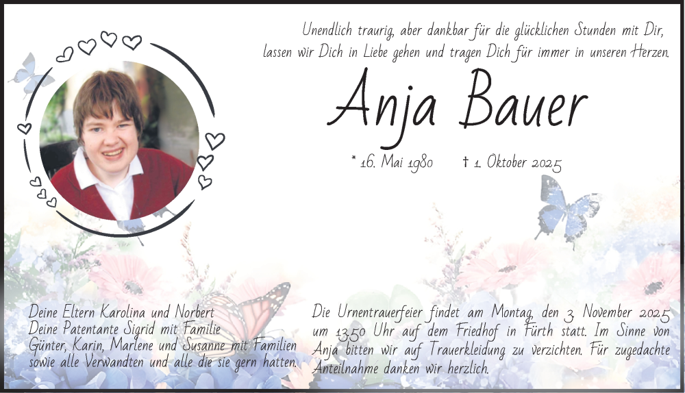  Traueranzeige für Anja Bauer vom 25.10.2025 aus Fürther Nachrichten Lokal