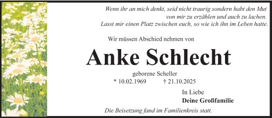 Traueranzeige von Anke Schlecht von Gesamtausgabe Nürnberger Nachrichten/ Nürnberger Ztg.