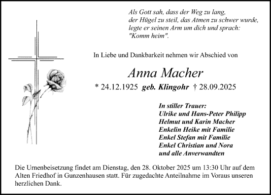 Traueranzeige von Anna Macher von Altmühl-Bote Lokal