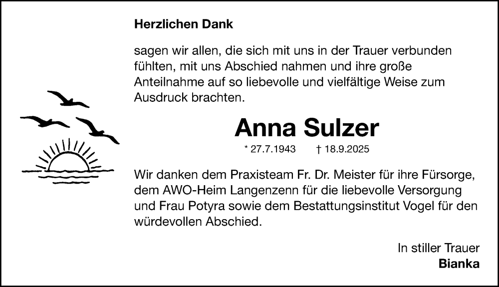 Traueranzeige für Anna Sulzer vom 04.10.2025 aus Fürther Nachrichten Lokal