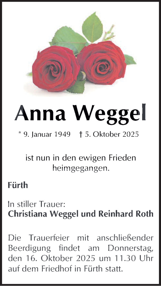  Traueranzeige für Anna Weggel vom 11.10.2025 aus Fürther Nachrichten Lokal