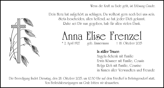 Traueranzeige von Anna Elise Frenzel von Gesamtausgabe Nürnberger Nachrichten/ Nürnberger Ztg.