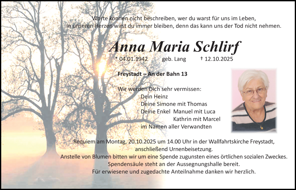  Traueranzeige für Anna Maria Schlirf vom 17.10.2025 aus Neumarkter Nachrichten Lokal