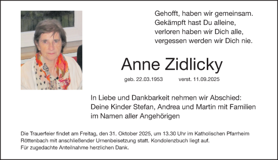 Traueranzeige von Anne Zidlicky von Nordbayerische Nachrichten Herzogenaurach Lokal