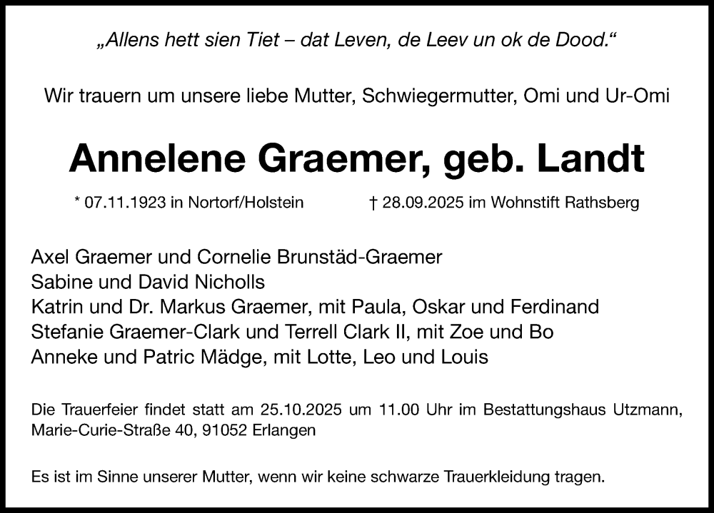  Traueranzeige für Annelene Graemer vom 04.10.2025 aus Erlanger Nachrichten Lokal