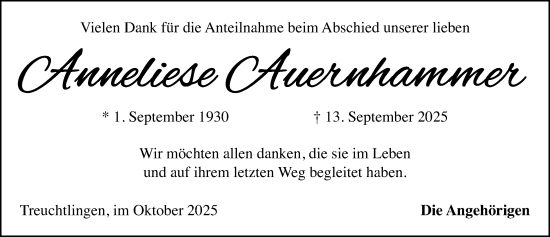 Traueranzeige von Anneliese Auernhammer von Altmühl-Bote Lokal