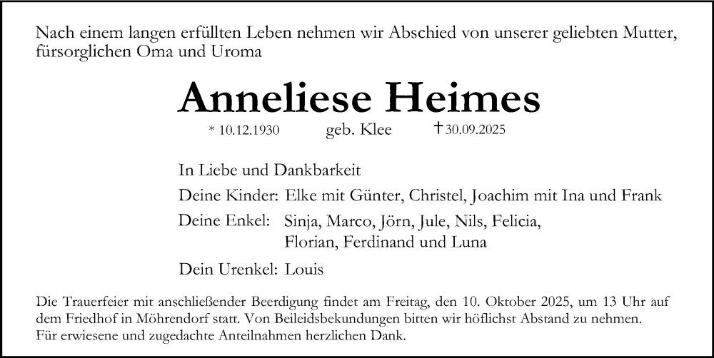  Traueranzeige für Anneliese Heimes vom 04.10.2025 aus Erlanger Nachrichten Lokal