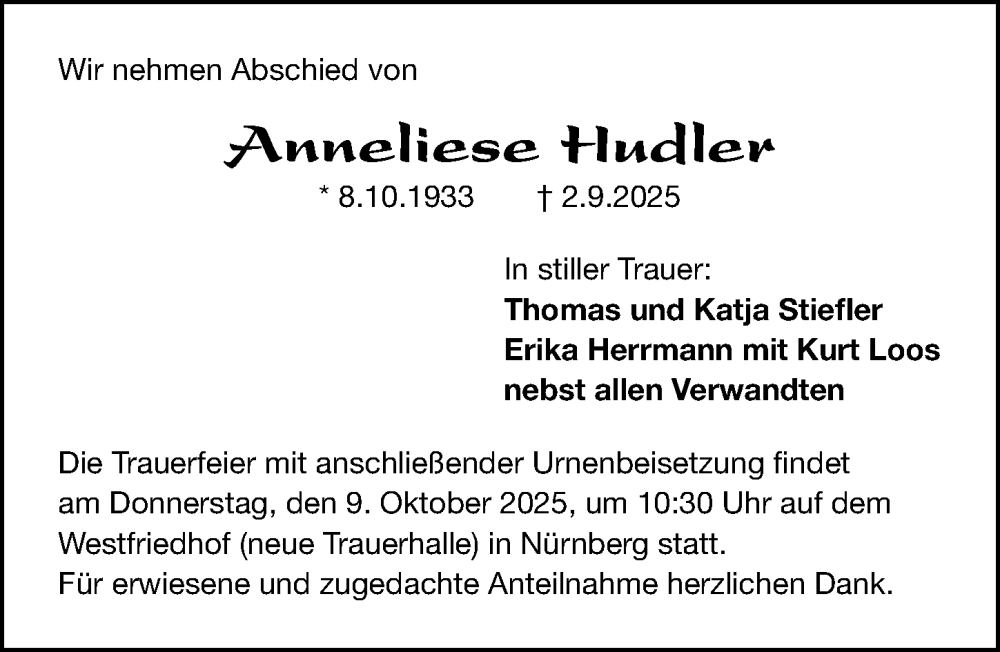  Traueranzeige für Anneliese Hudler vom 04.10.2025 aus Gesamtausgabe Nürnberger Nachrichten/ Nürnberger Ztg.