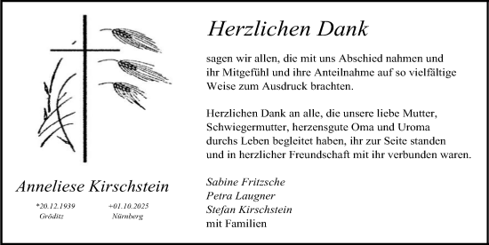 Traueranzeige von Anneliese Kirschstein von Gesamtausgabe Nürnberger Nachrichten/ Nürnberger Ztg.