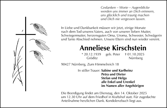 Traueranzeige von Anneliese Kirschstein von Gesamtausgabe Nürnberger Nachrichten/ Nürnberger Ztg.