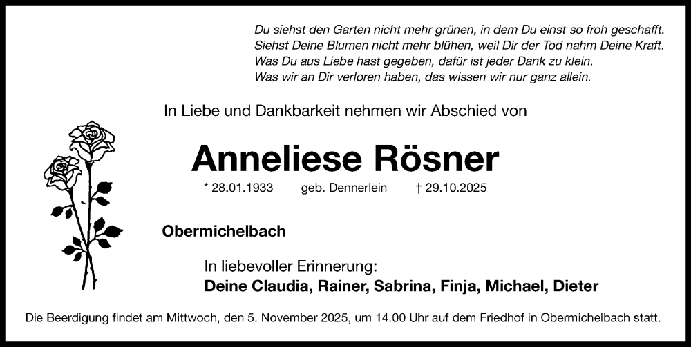  Traueranzeige für Anneliese Rösner vom 31.10.2025 aus Fürther Nachrichten Lokal
