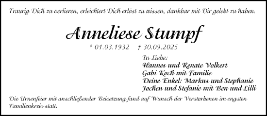 Traueranzeige von Anneliese Stumpf von Gesamtausgabe Nürnberger Nachrichten/ Nürnberger Ztg.