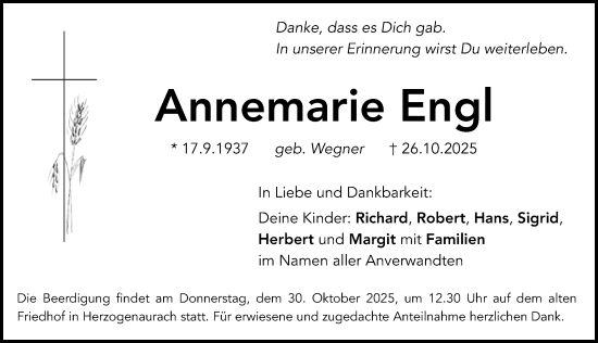Traueranzeige von Annemarie Engl von Erlanger Nachrichten Lokal