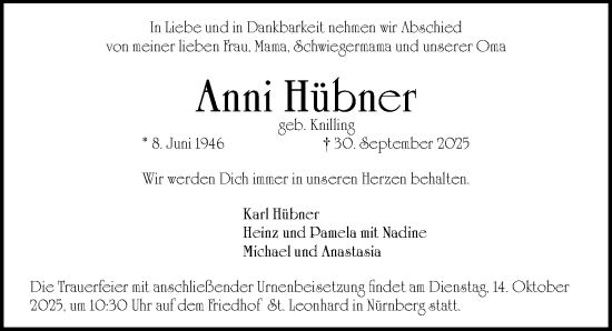 Traueranzeige von Anni Hübner von Gesamtausgabe Nürnberger Nachrichten/ Nürnberger Ztg.