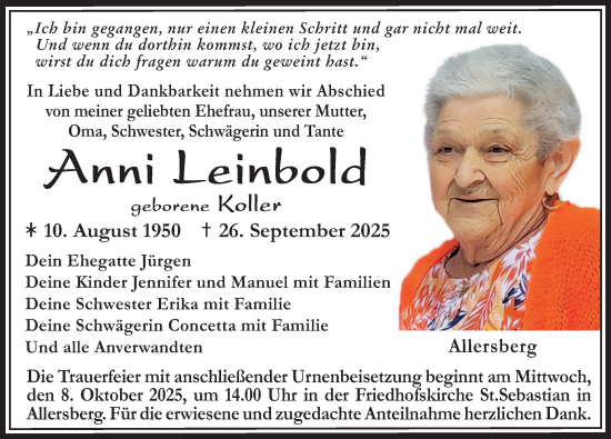 Traueranzeige von Anni Leinbold von Roth-Hilpoltsteiner Volkszeitung Lokal