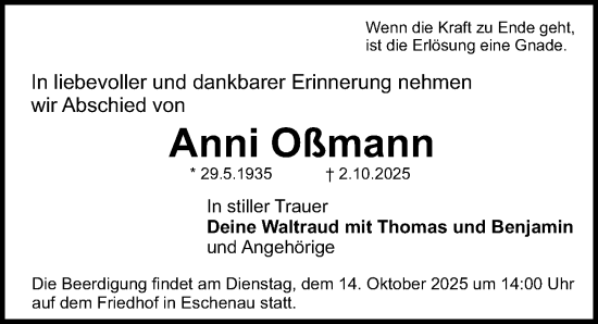 Traueranzeige von Anni Oßmann von Gesamtausgabe Nürnberger Nachrichten/ Nürnberger Ztg.