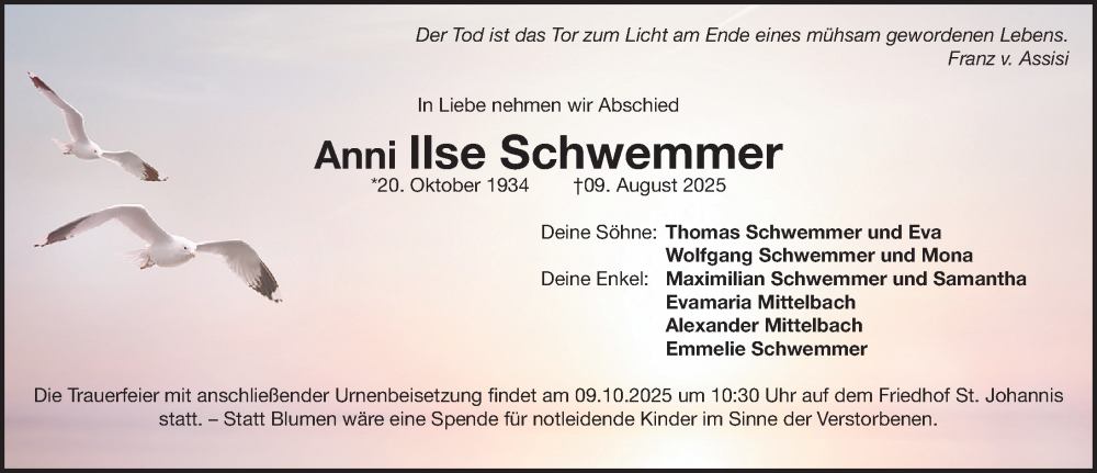  Traueranzeige für Anni Ilse Schwemmer vom 04.10.2025 aus Gesamtausgabe Nürnberger Nachrichten/ Nürnberger Ztg.