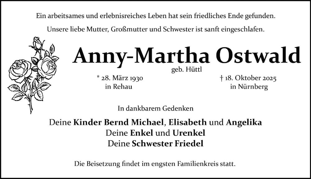  Traueranzeige für Anny-Martha Ostwald vom 25.10.2025 aus Gesamtausgabe Nürnberger Nachrichten/ Nürnberger Ztg.