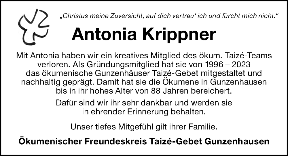  Traueranzeige für Antonia Krippner vom 22.10.2025 aus Altmühl-Bote Lokal