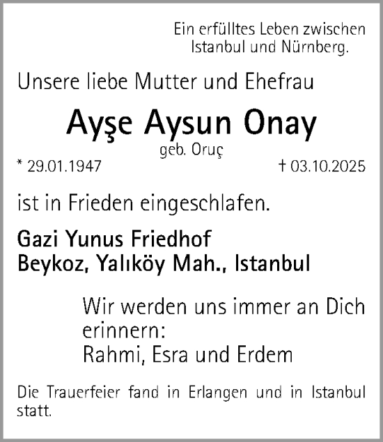 Traueranzeige von Ayse Aysun Onay von Gesamtausgabe Nürnberger Nachrichten/ Nürnberger Ztg.