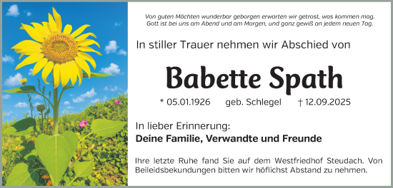 Traueranzeige von Babette Spath von Gesamtausgabe Nürnberger Nachrichten/ Nürnberger Ztg./ Erlanger Nachrichten