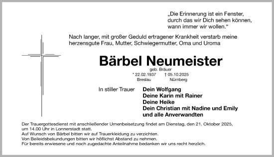 Traueranzeige von Bärbel Neumeister von Nordbayerische Nachrichten Herzogenaurach Lokal