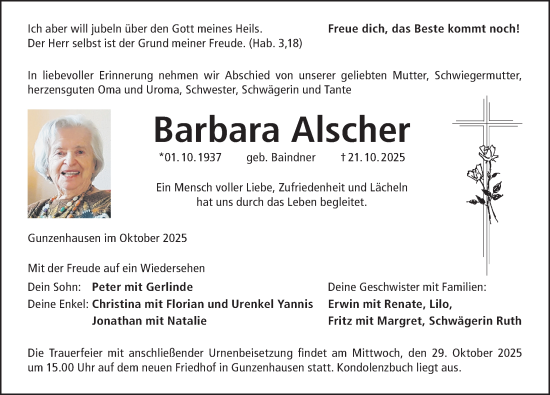 Traueranzeige von Barbara Alscher von Altmühl-Bote Lokal