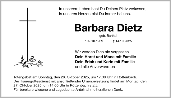 Traueranzeige von Barbara Dietz von Nordbayerische Nachrichten Herzogenaurach Lokal