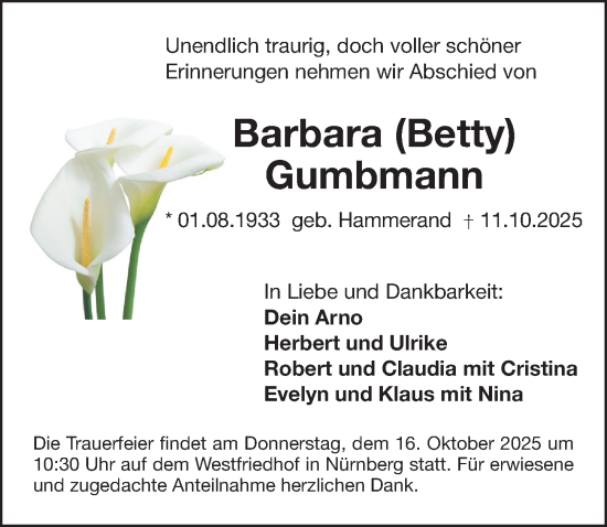 Traueranzeige von Barbara Gumbmann von Gesamtausgabe Nürnberger Nachrichten/ Nürnberger Ztg.