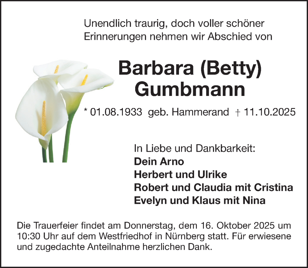  Traueranzeige für Barbara Gumbmann vom 14.10.2025 aus Gesamtausgabe Nürnberger Nachrichten/ Nürnberger Ztg.