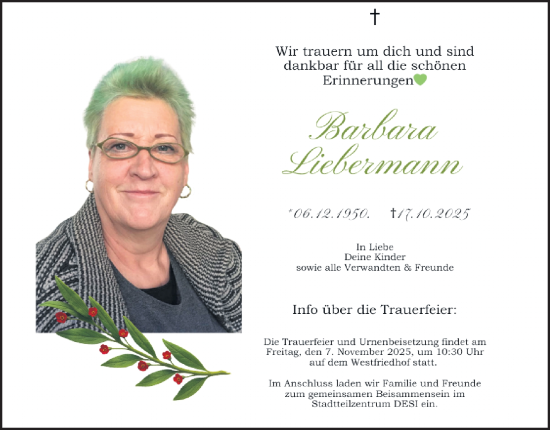 Traueranzeige von Barbara Liebermann von Gesamtausgabe Nürnberger Nachrichten/ Nürnberger Ztg.