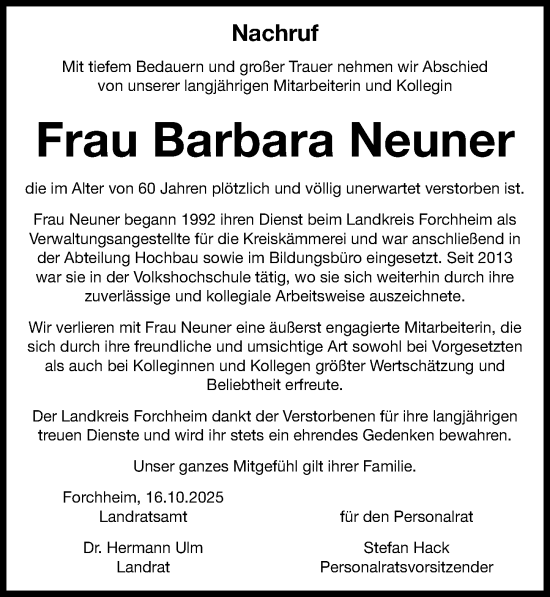 Traueranzeige von Barbara Neuner von Nordbayerische Nachrichten Forchheim Lokal