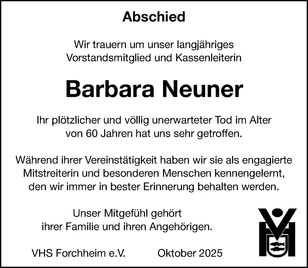  Traueranzeige für Barbara Neuner vom 17.10.2025 aus Nordbayerische Nachrichten Forchheim Lokal