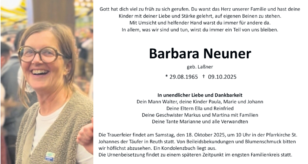  Traueranzeige für Barbara Neuner vom 15.10.2025 aus Nordbayerische Nachrichten Forchheim Lokal