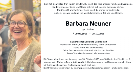 Traueranzeige von Barbara Neuner von Nordbayerische Nachrichten Forchheim Lokal