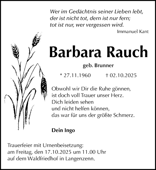 Traueranzeige von Barbara Rauch von Gesamtausgabe Nürnberger Nachrichten/ Nürnberger Ztg.