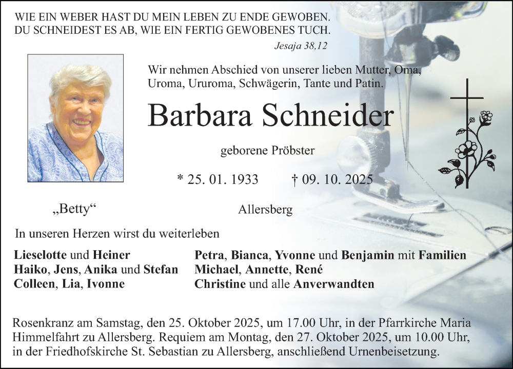  Traueranzeige für Barbara Schneider vom 25.10.2025 aus Roth-Hilpoltsteiner Volkszeitung Lokal