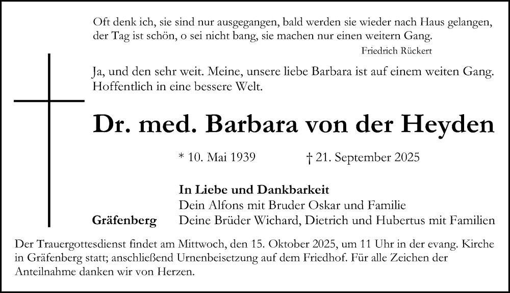  Traueranzeige für Barbara von der Heyden vom 11.10.2025 aus Nordbayerische Nachrichten Forchheim Lokal