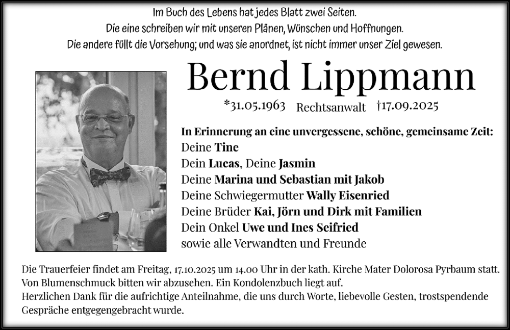  Traueranzeige für Bernd Lippmann vom 11.10.2025 aus Gesamtausgabe Nürnberger Nachrichten/ Nürnberger Ztg.