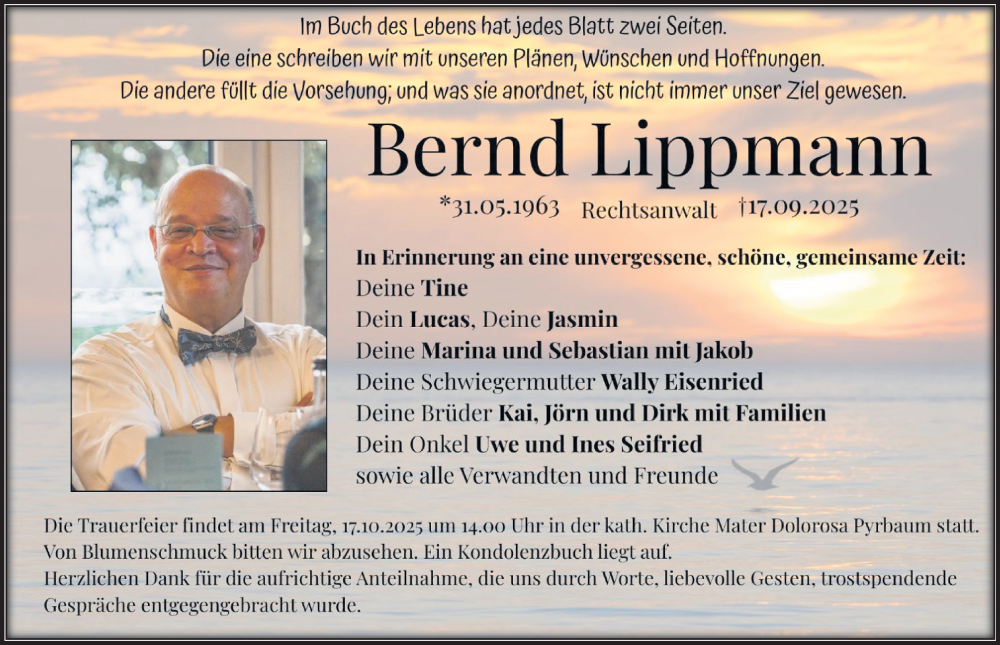  Traueranzeige für Bernd Lippmann vom 11.10.2025 aus Neumarkter Nachrichten Lokal